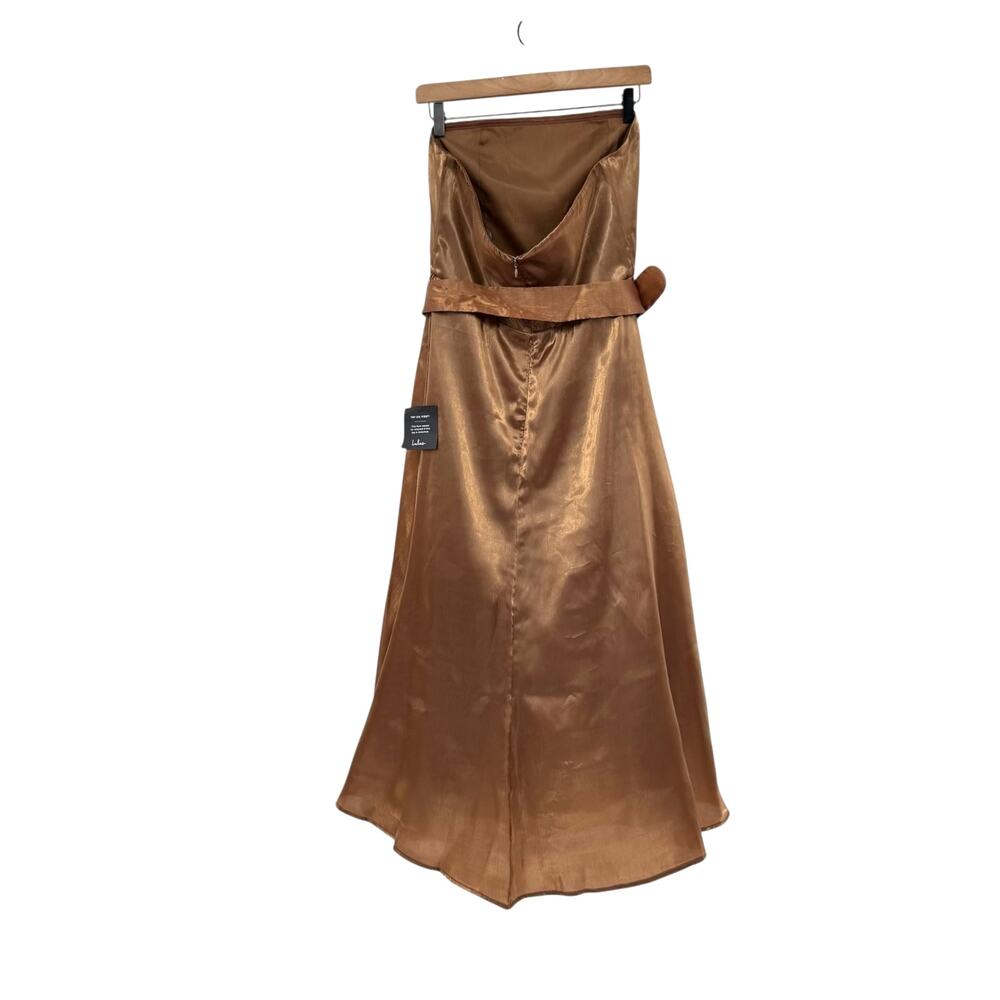 Lulu’s NWT Chicly Stunning Shiny Brown Organza Strapless Belted Midi Dress - Picture 11 of 14